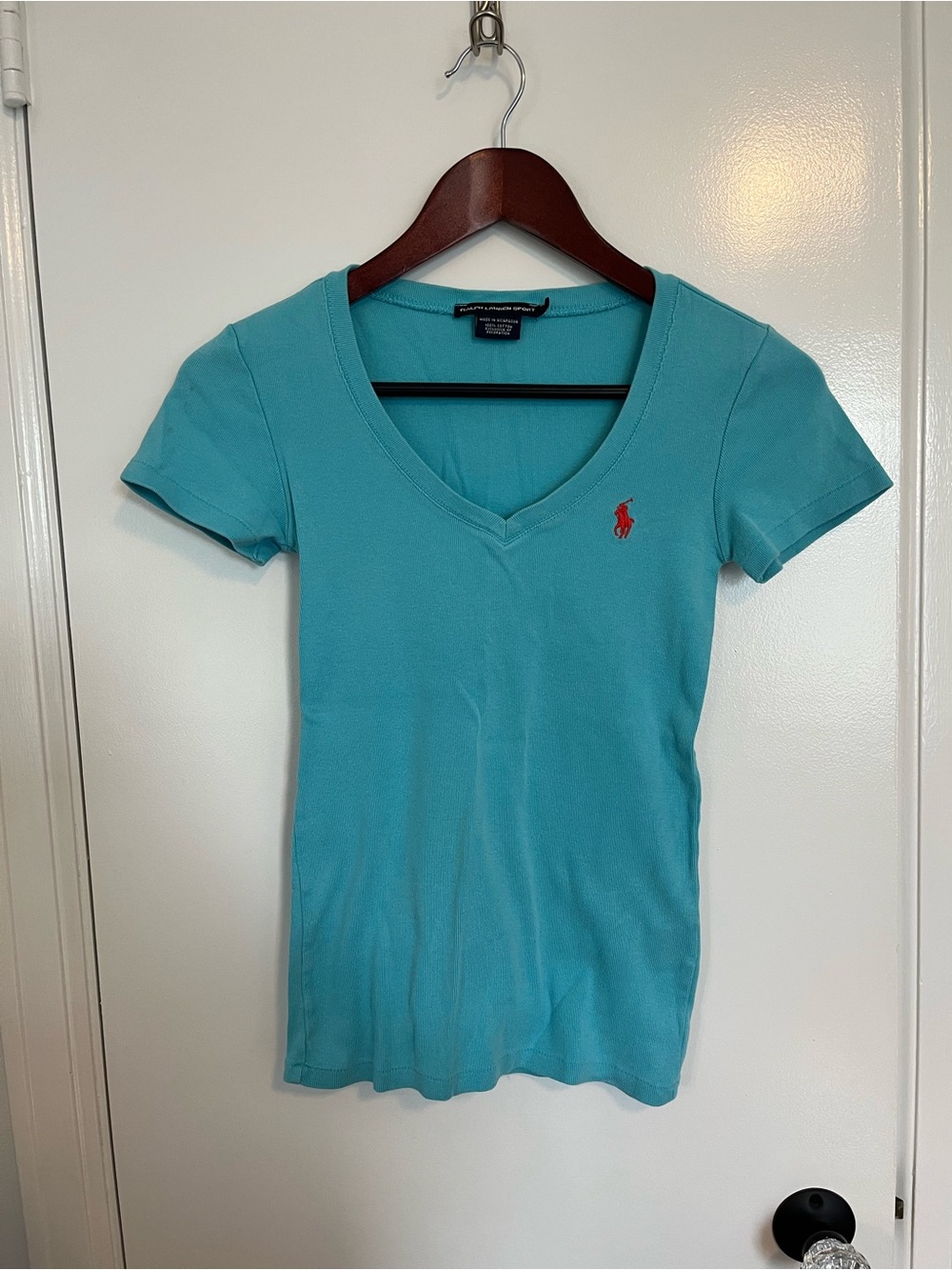 Ralph Lauren Short-Sleeve V-Neck Tee in Turquoise with Red Pony